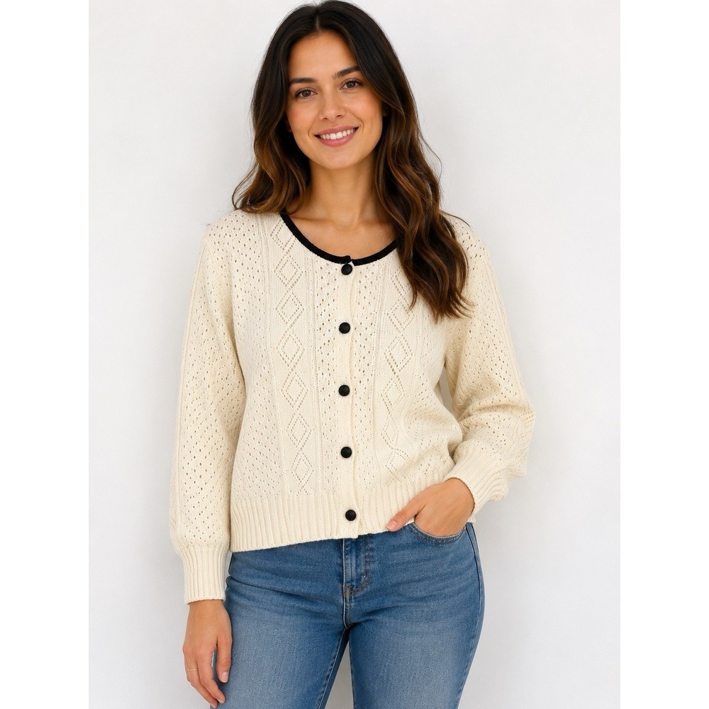 Liz Claiborne Cream Pointelle Knit Cardigan Black Trim Cotton XL NWT